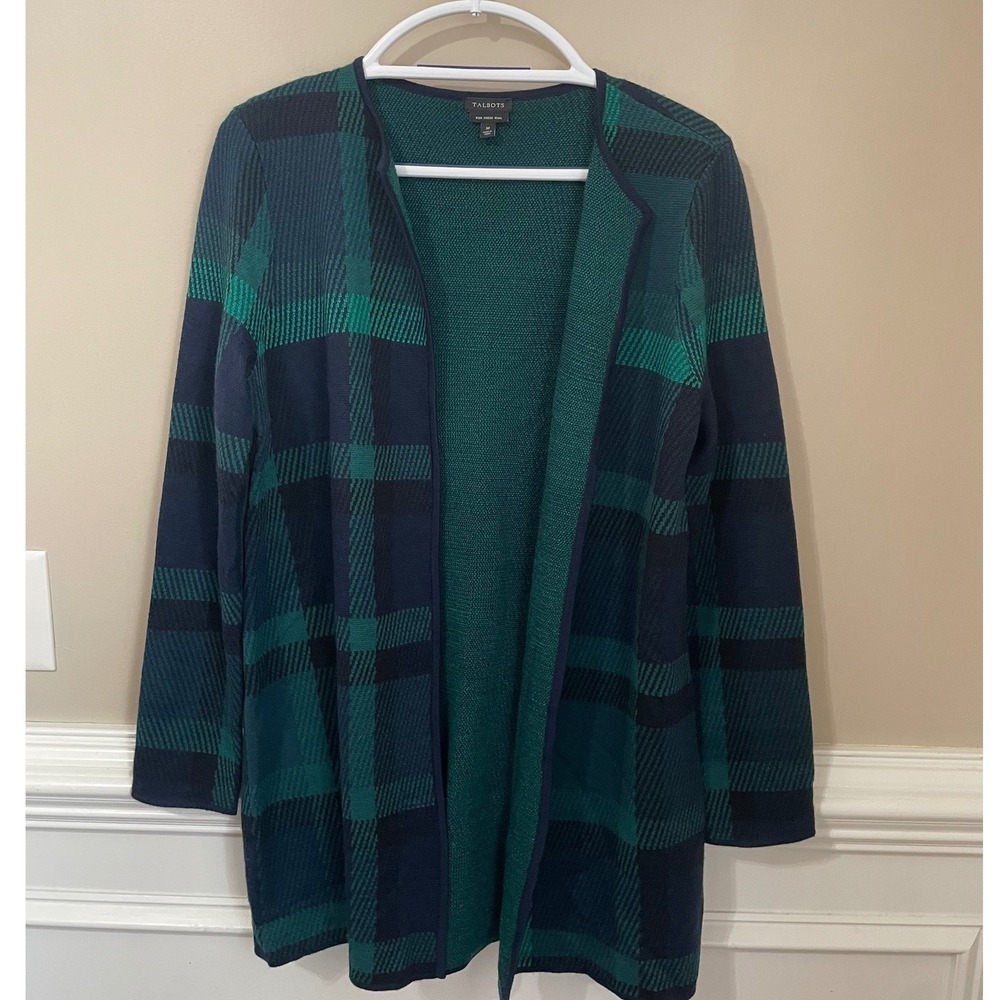 Talbots Size M Pure Merino Wool Plaid Open Long Cardigan Green Navy Preppy